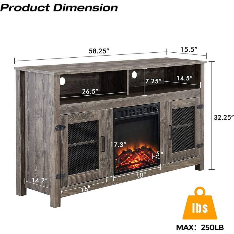 58" Grey TV Stand with Electric Fireplace for TV up to 65" Bed Bath